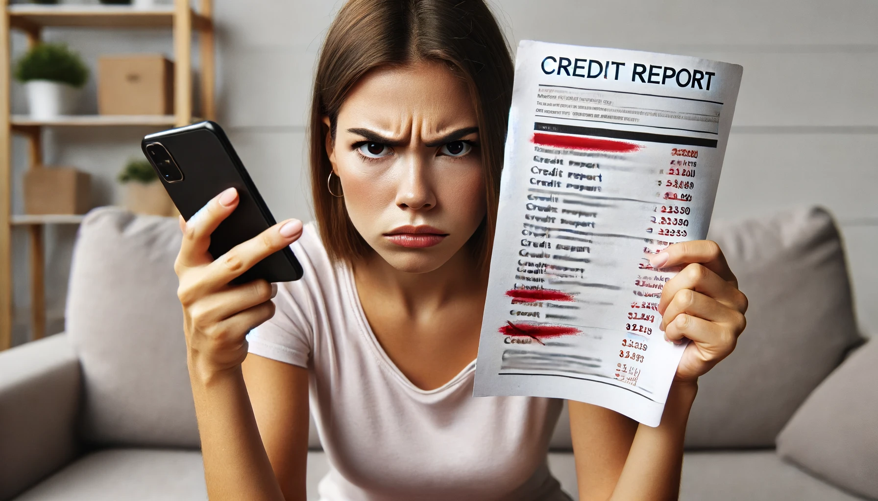 Angry person holding a credit report with errors and a phone, representing frustration over credit report discrepancies.