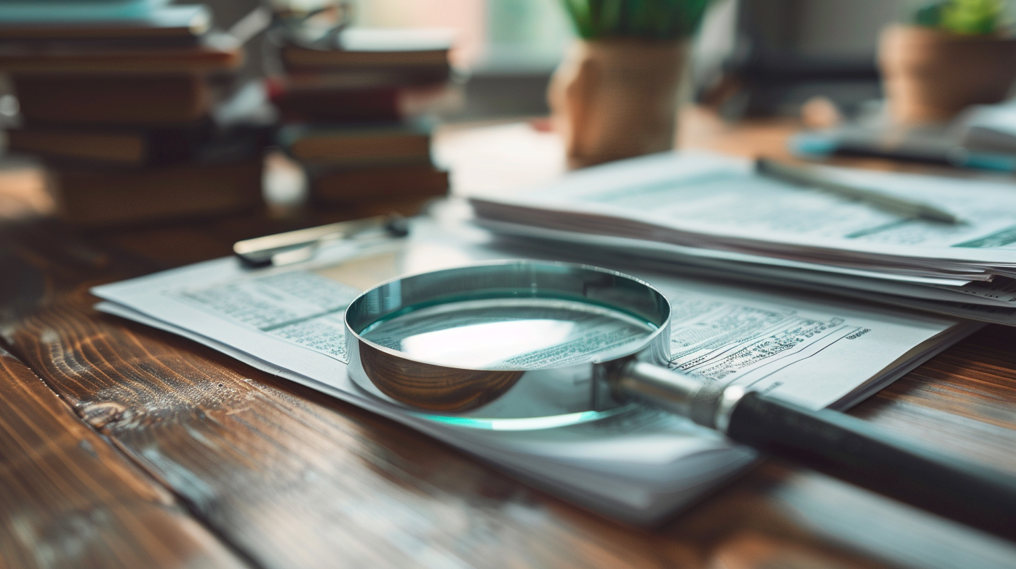 A magnifying glass over a stack of financial documents, highlighting suspicious activities such as unauthorized transactions and new credit accounts. A notepad and pen are placed beside the documents, indicating an investigation in progress.