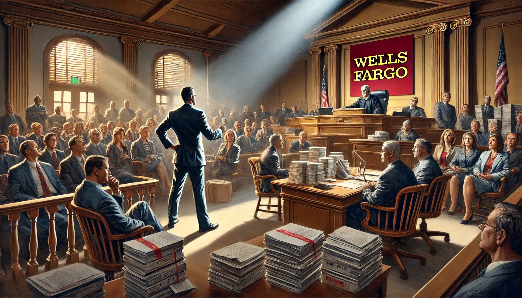 A dramatic courtroom scene depicting a high-stakes legal battle over FCRA violations. A determined lawyer stands at the plaintiff's table, gesturing emphatically towards the judge. The judge, surrounded by stacks of documents, leans forward intently. The gallery is filled with anxious consumers. The Wells Fargo logo is subtly visible on the defense side.