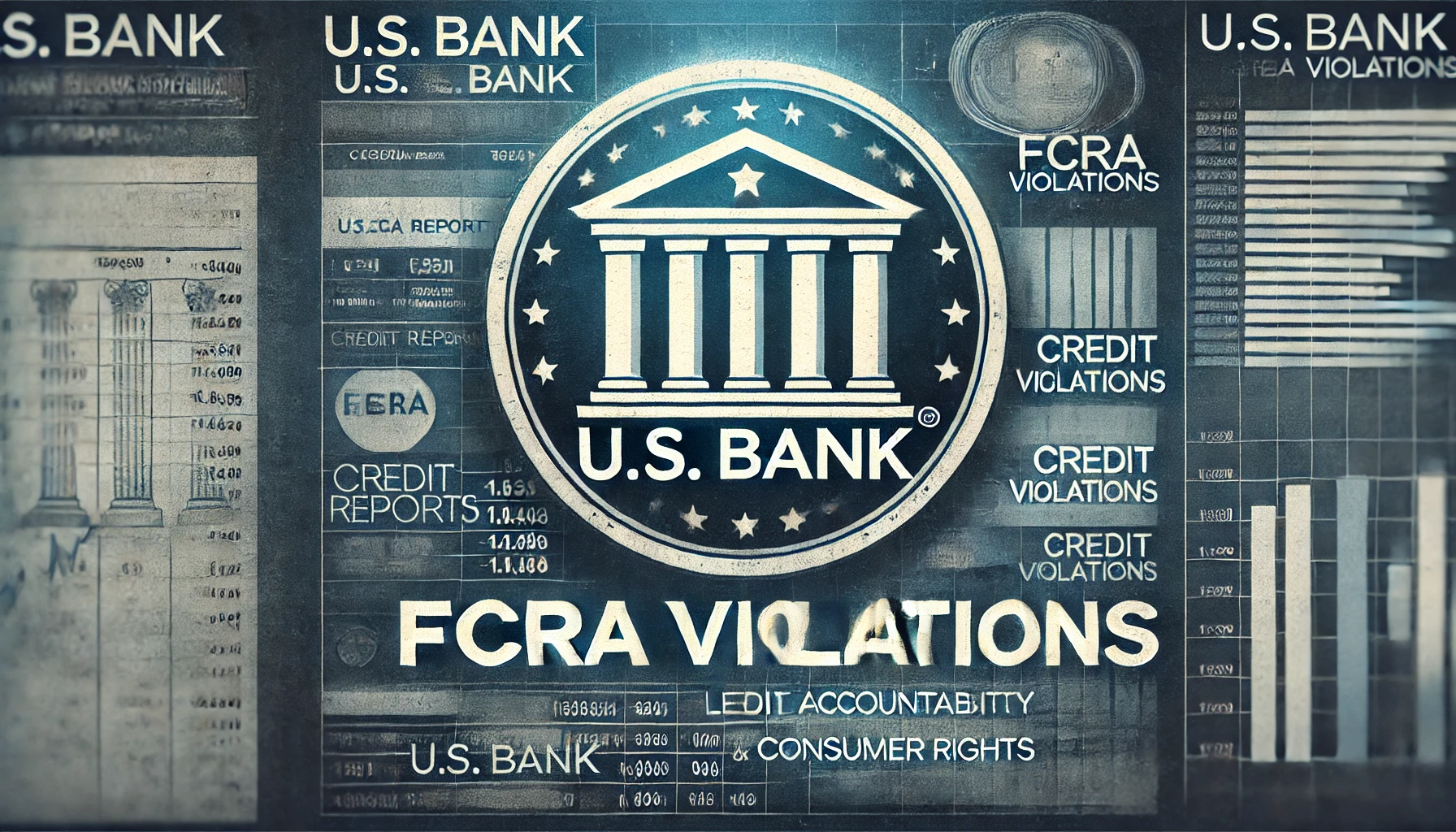 A digital graphic featuring the U.S. Bank logo with the text 'FCRA Violations' overlaid, set against a background of financial documents in deep blues and greys, symbolizing legal accountability and consumer rights.