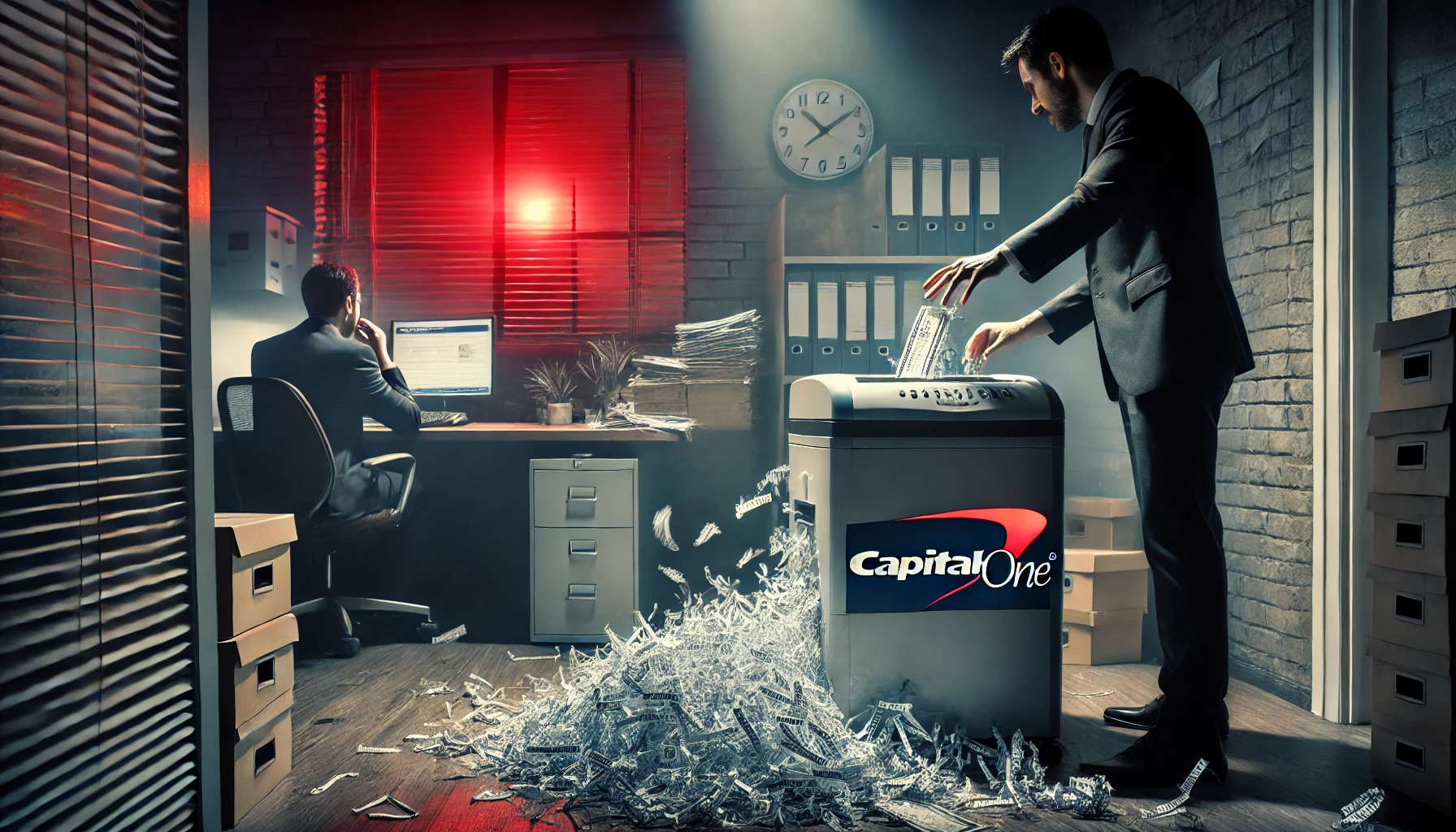 A dimly lit corporate executives office with a dramatic atmosphere. The executives hand is seen shredding credit reports with pieces of paper falling.