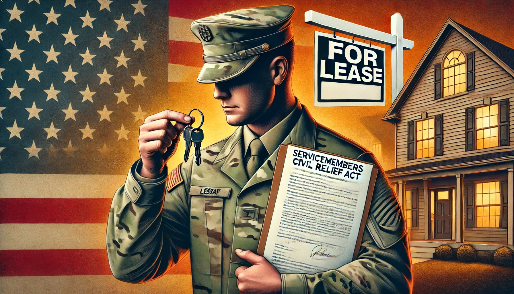 A uniformed service member holding house keys and military orders, standing in front of a home with a 'For Lease' sign, symbolizing lease termination under the Servicemembers Civil Relief Act (SCRA). An American flag subtly overlays the background.