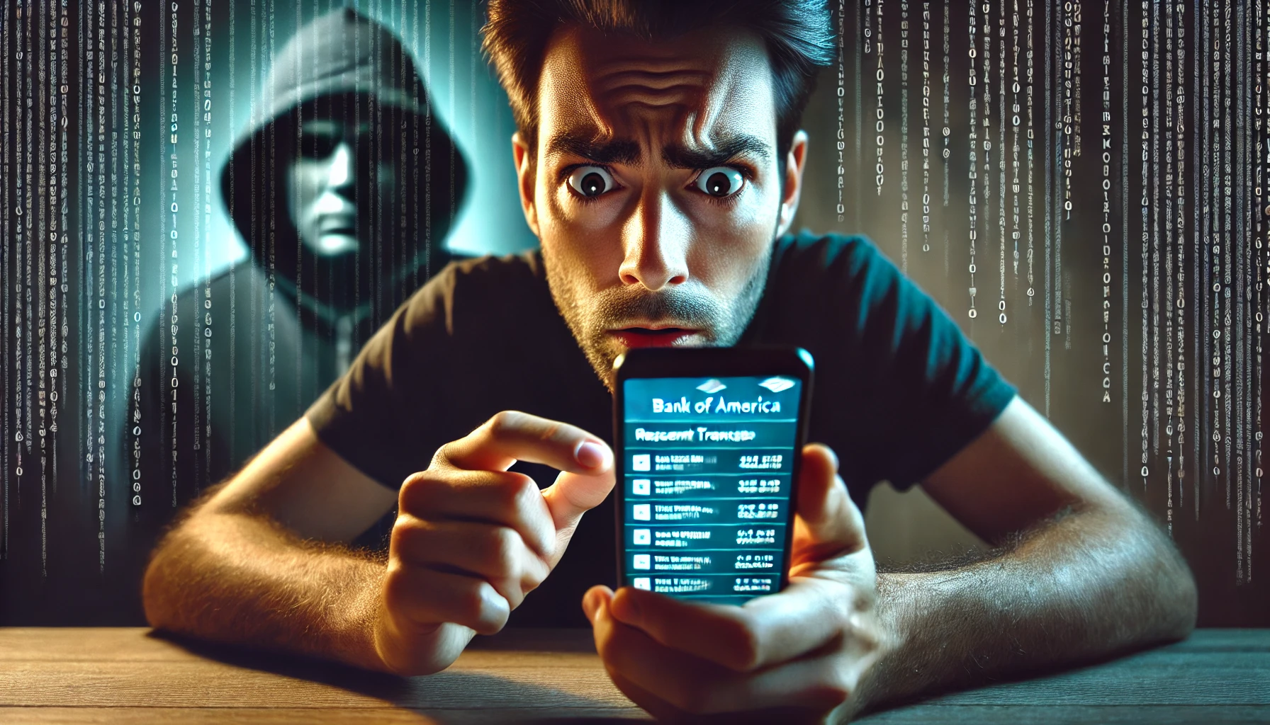 Worried individual looking at a smartphone showing unexpected Bank of America transactions, with a shadowy figure in the background symbolizing fraud.