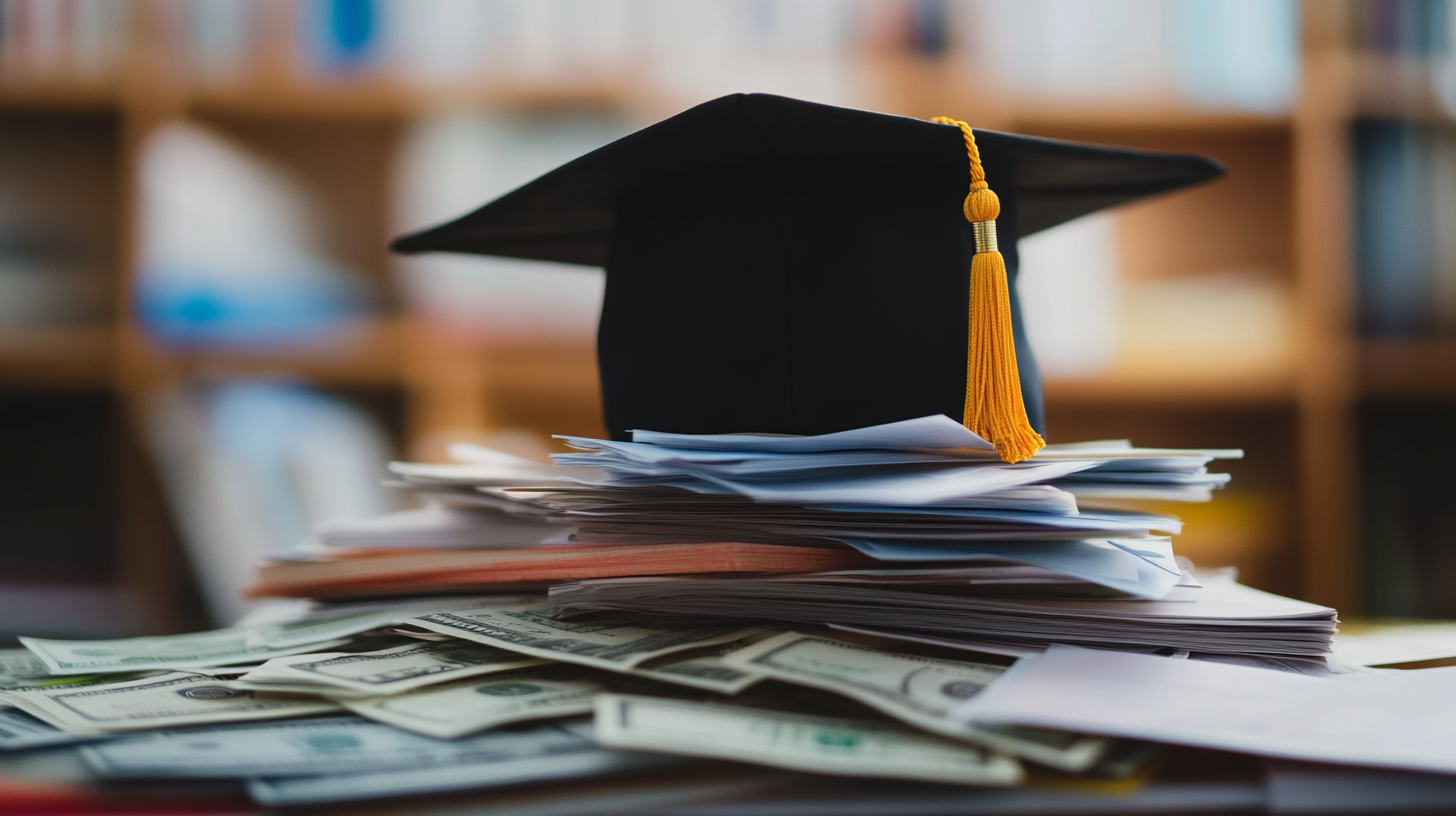 A graduation cap on top of a pile of cash and late notices.